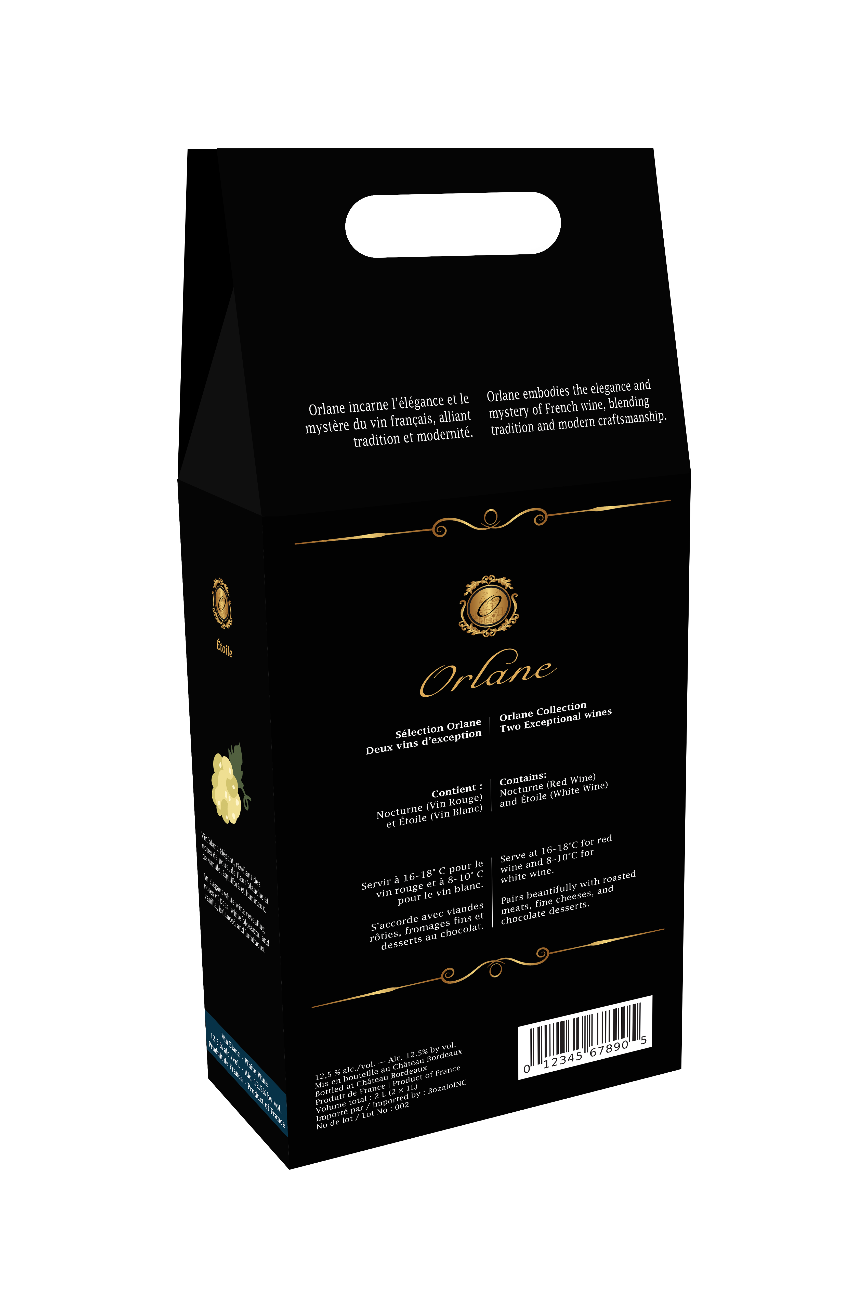 3D back mockup of Orlane wine packaging